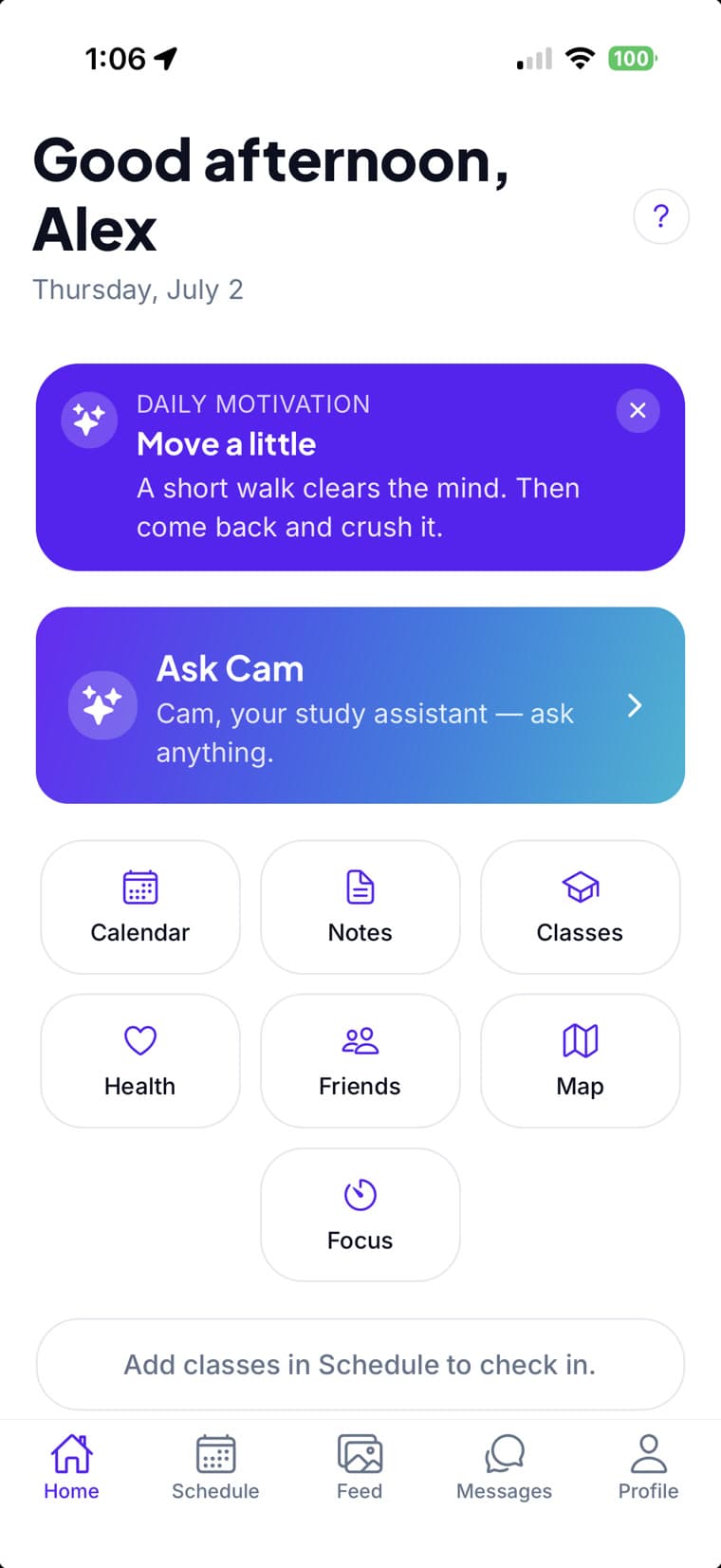 College Life home screen with today's schedule and Ask Cam