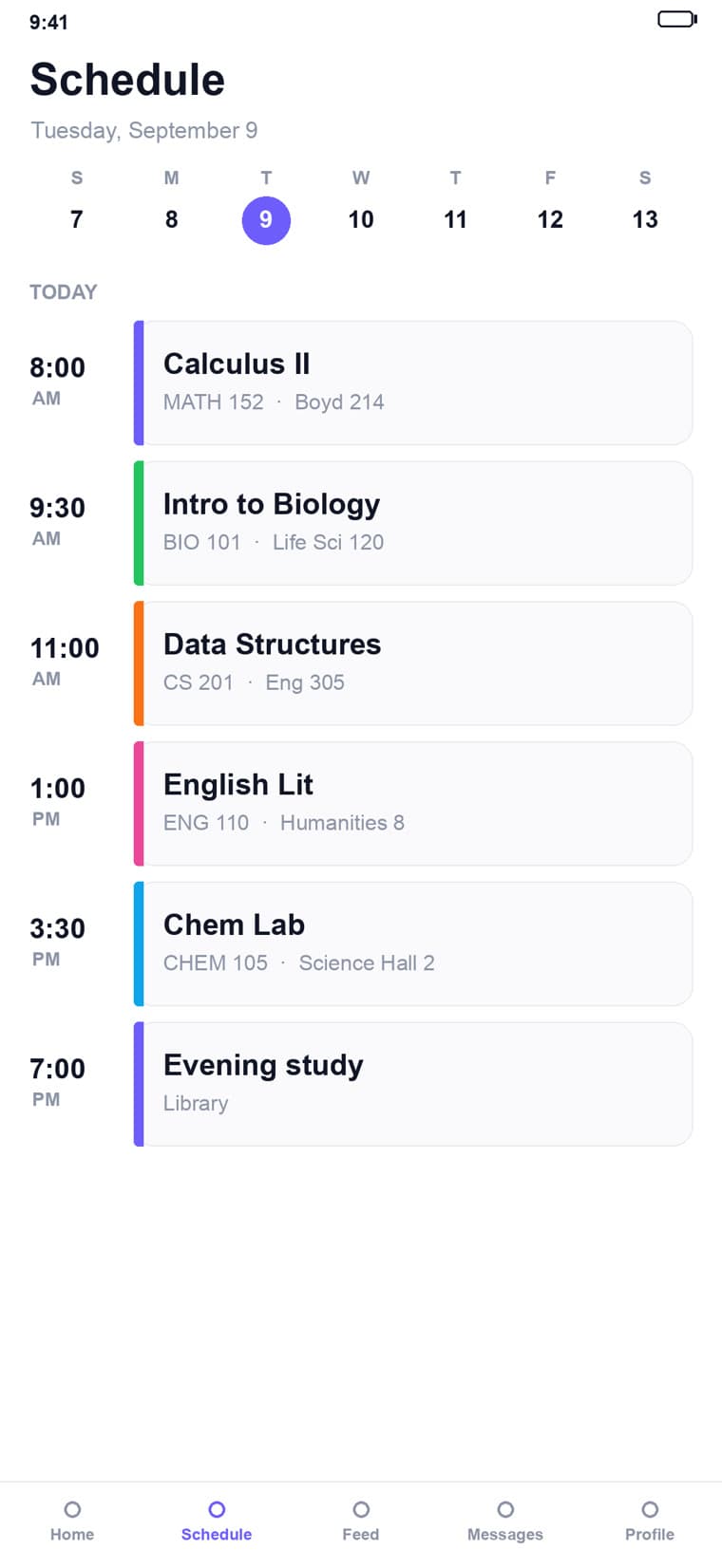 Weekly class schedule screen